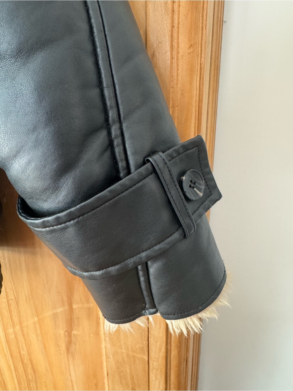 Avec Les Filles Black Faux Leather Jacket with Tan Shearling Trim - Picture 7 of 9